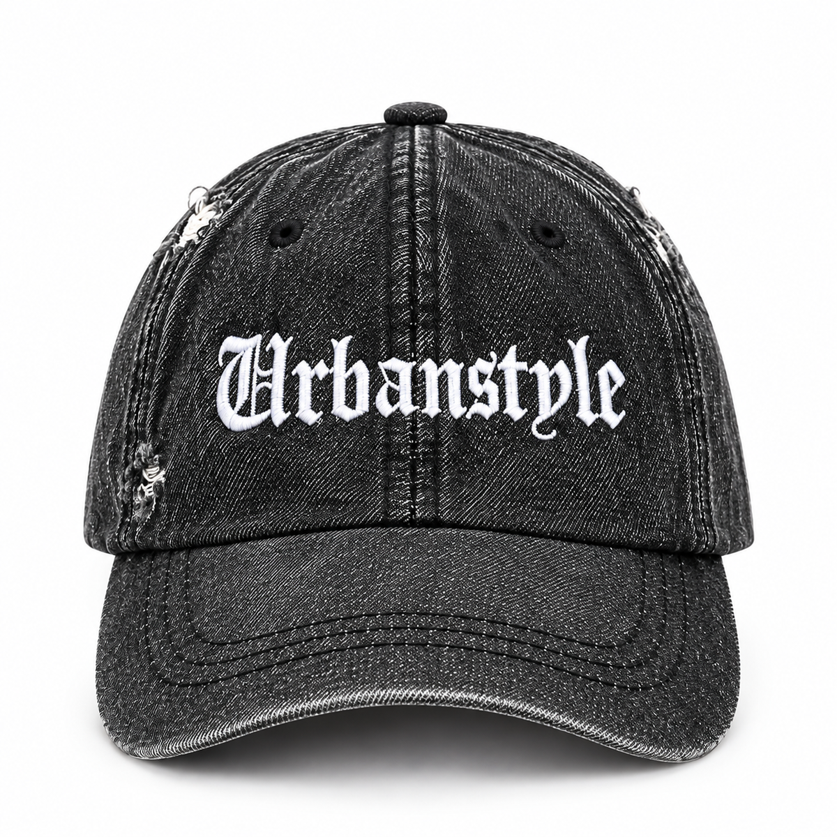 UrbanStyle vintage washed black denim cap with white Gothic Urbanstyle embroidery