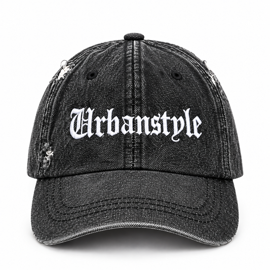 UrbanStyle vintage washed black denim cap with white Gothic Urbanstyle embroidery